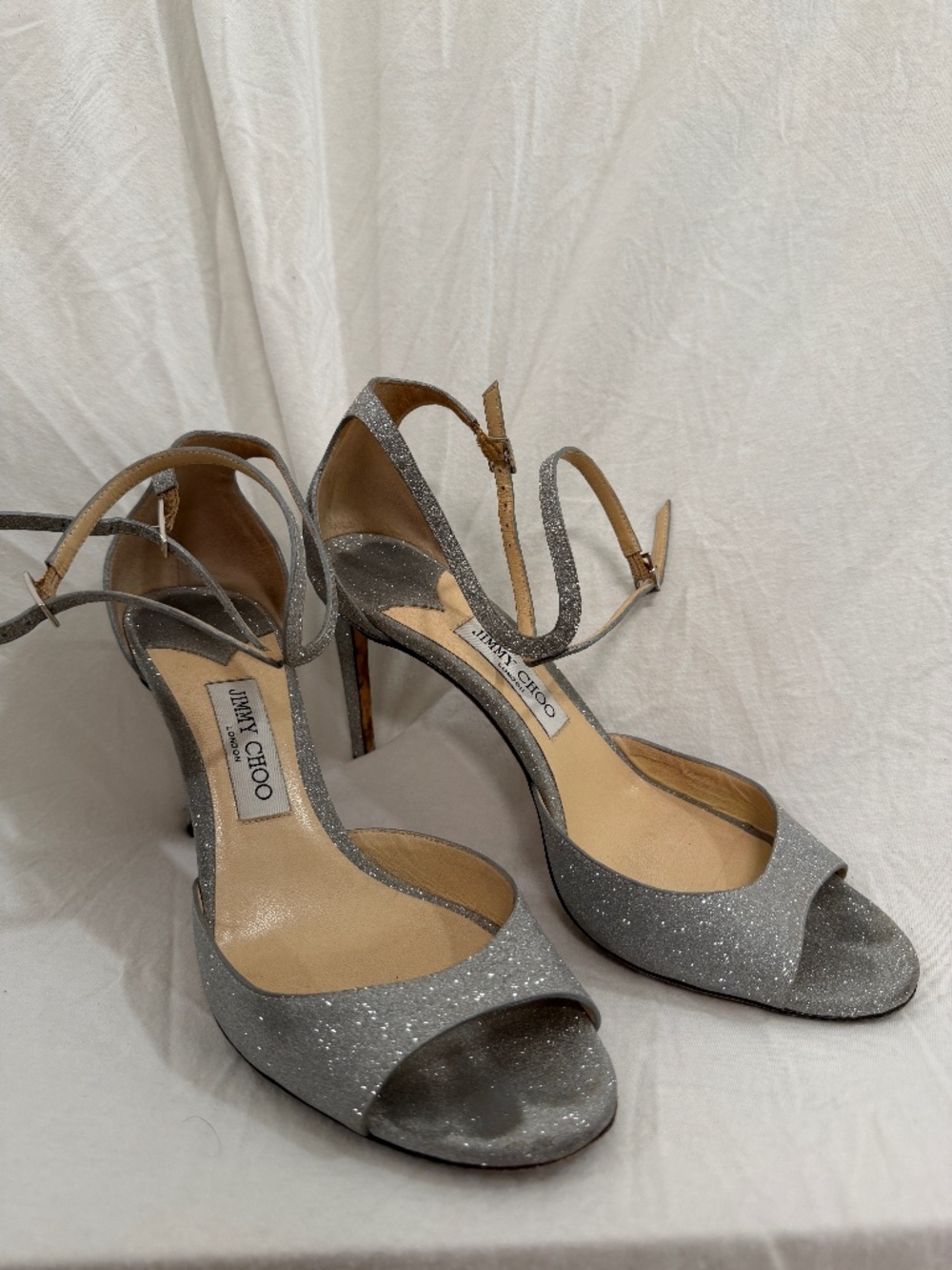 Jimmy Choo Silver Glitter Ankle Strap Stiletto Heels Size 42